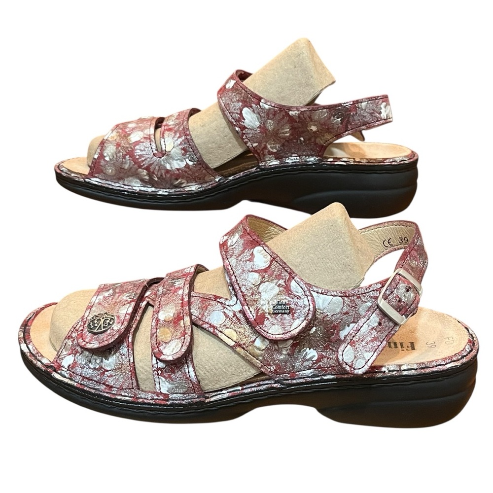 Finn Comfort Silver Floral Sandals Burgundy Arch Support Vacation Travel 39 - Picture 5 of 16